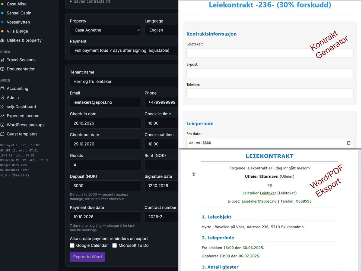 Kontraktgenerator med skjema og ferdig leiekontrakt