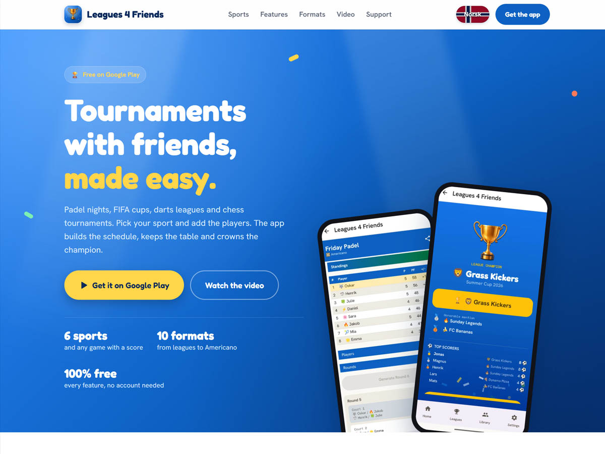 Nettsiden til appen Leagues 4 Friends for turneringer med venner