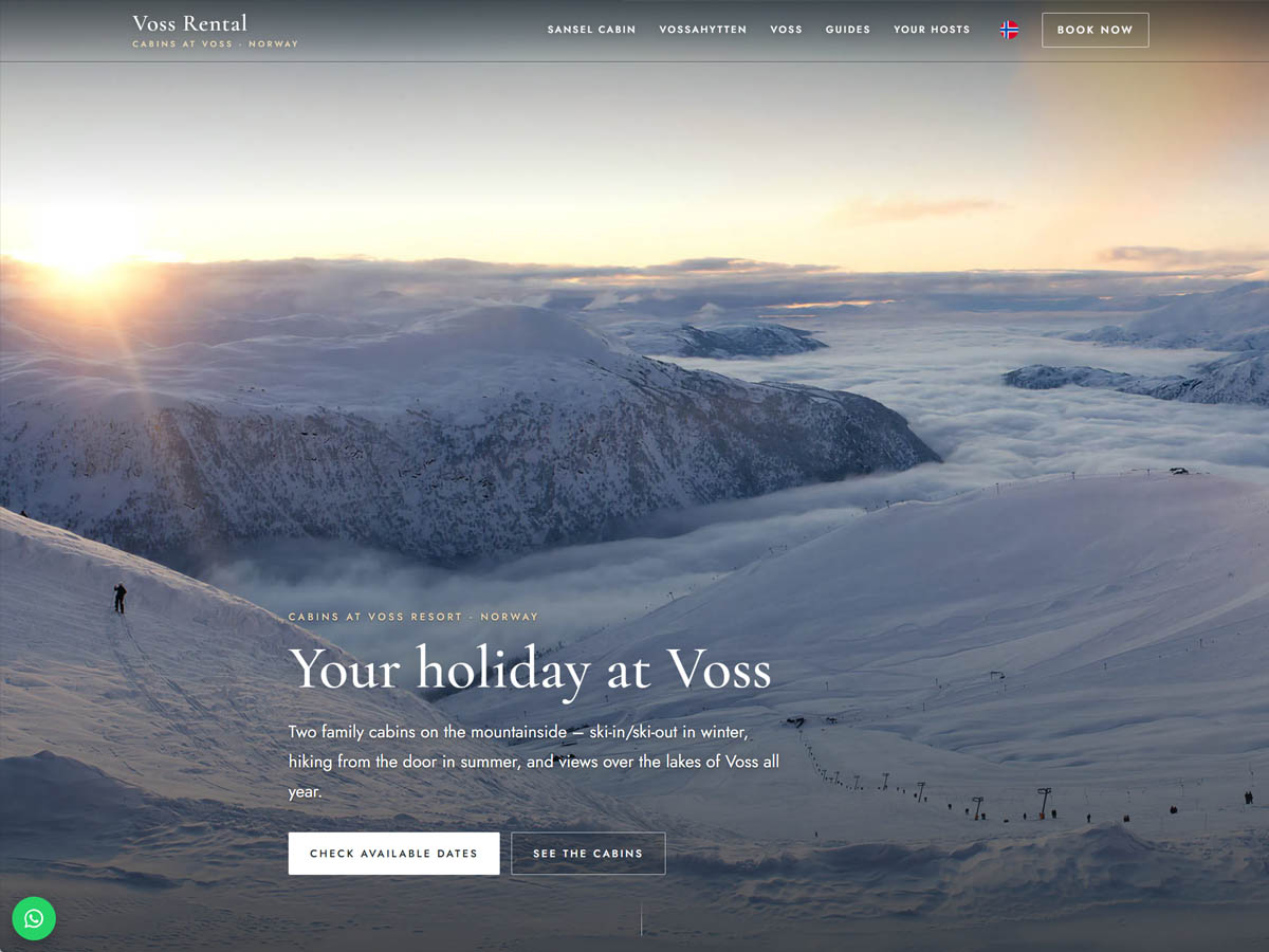 Forsiden til Voss Rental med hytter ved vannet