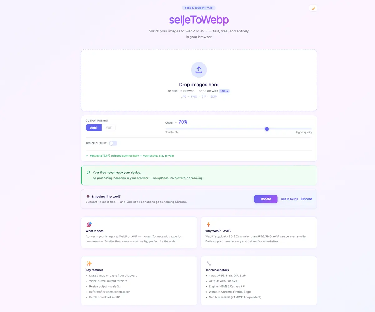 seljeToWebp converting images to WebP in the browser